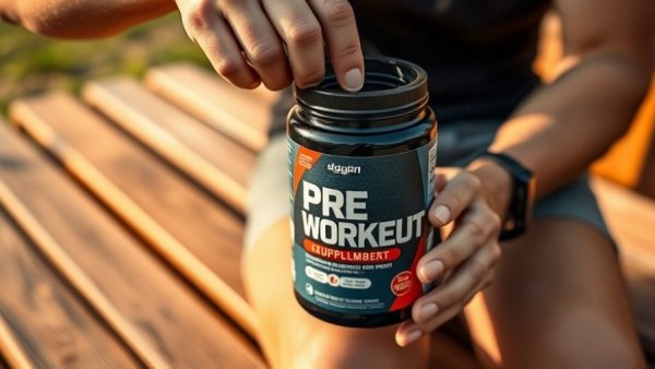 Hand holding pre-workout supplement container discussing calories.