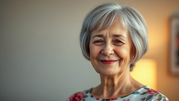 Beautiful elderly woman with short layered bob haircut, smiling warmly.