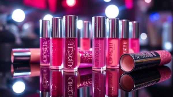 Vibrant glitter lip glosses, shining vividly on black background.