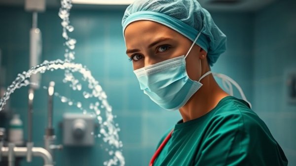 Medical professional preparing for surgery in scrub room