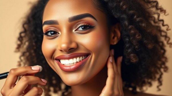Woman demonstrating how to apply foundation flawlessly with a brush.