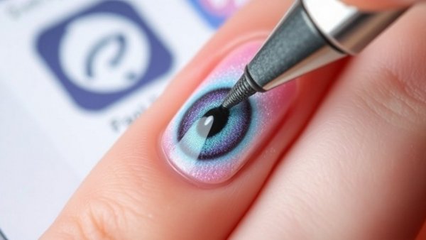 Glass Cat Eye Nails at Home: Hand with nail polish and magnetic tool.