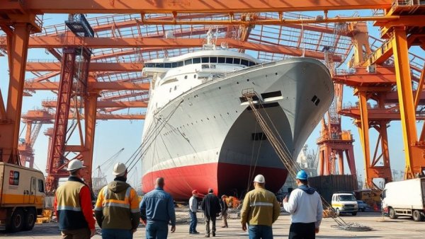 Civil engineering projects shipyard construction scene, workers observing.