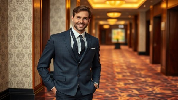 Stylish man in a suit smiling indoors, embodying leadership.