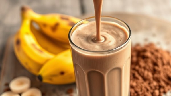Naturally sweet banana chocolate mousse pour with bananas in background.