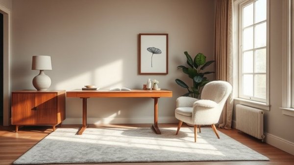 Luxurious rug collection in a cozy home office with elegant decor.