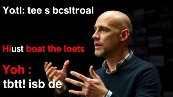 Bald man explaining red light therapy for skin in a video, with visible text.