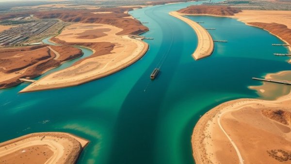 Aerial view of vast canal in civil engineering project.