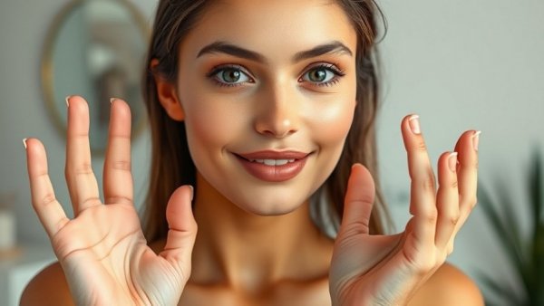 Young woman demonstrating skincare for sensitive skin routine indoors.
