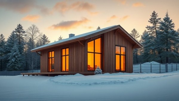 Modern building construction in snowy landscape with wooden panels.