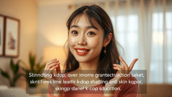 Young woman discussing K-pop skincare routines in a video.