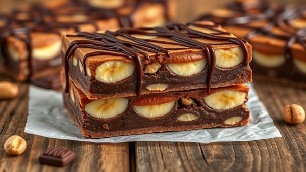 Delicious homemade Snickers bars with chocolate and peanuts.