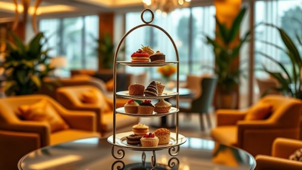 Luxurious afternoon tea in an elegant hotel lounge.