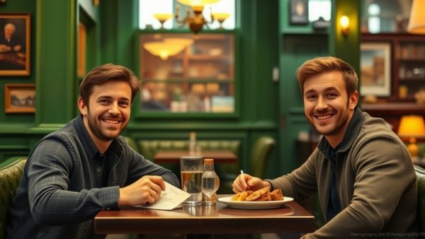 Young men enjoying reinventing British classics meal in cozy setting.
