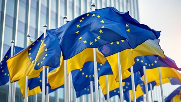 European Union flags at a modern building.