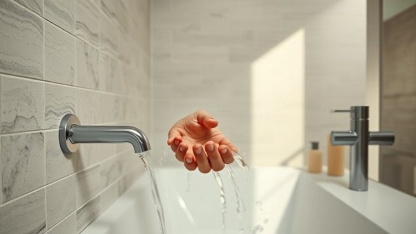 Modern bathroom sink with man washing hands, showcasing textured tiles.
