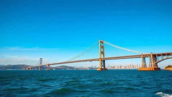 Bridge construction scene with city skyline in background.