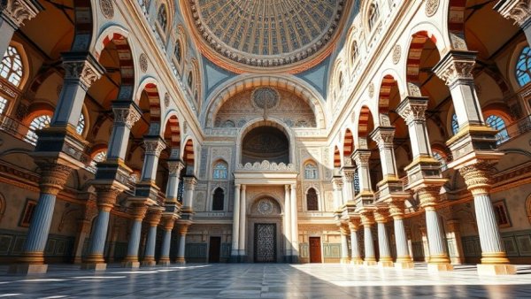 Ornate mosque with arches and columns under a blue sky