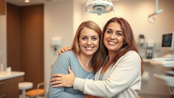 Two women embracing at a Panama dental clinic, promoting dental tourism.
