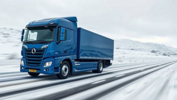 Hydrogen truck technology on display in a snowy landscape.