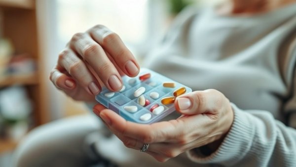 Elderly person selecting once-daily oral psoriasis drug from a pill organizer.