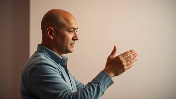 Man explaining red light therapy benefits with text details.