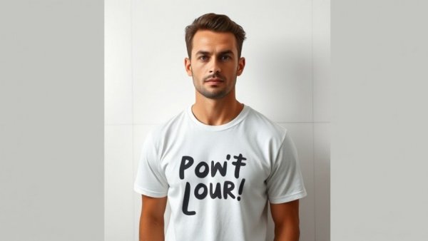 Man in white graphic t-shirt against geometric white wall.