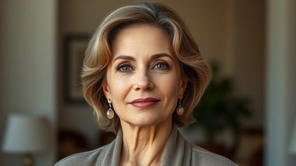 Elegant woman over 40 showcasing best makeup tips indoors.