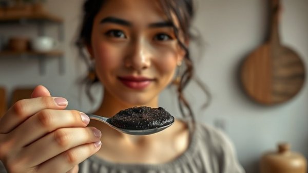 Woman holding spoon of black sesame paste, promoting healthy hair.