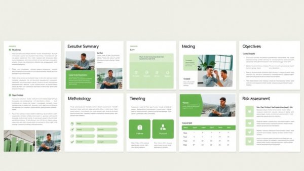 Professional green and white project proposal layout reflecting modern design for social media accounts headers & covers.