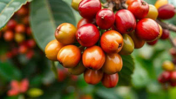 Arabica coffee cherries on branch with lush background.