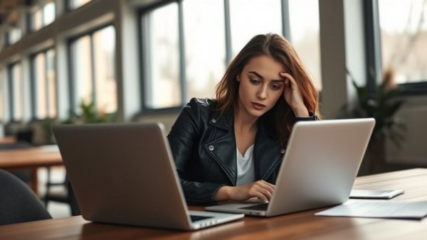 Woman studying website tracking compliance liability on laptop in office.