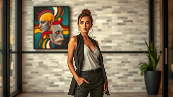 Stylish woman in modern interior with tiled wall and artwork.
