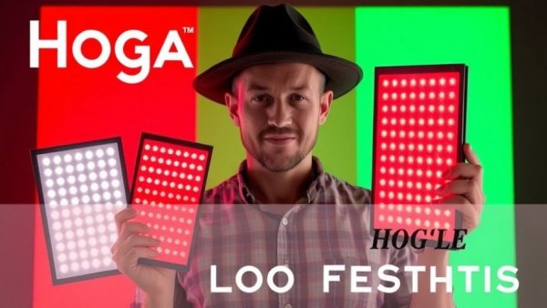 Man presenting Hooga red light therapy panels in colorful display.
