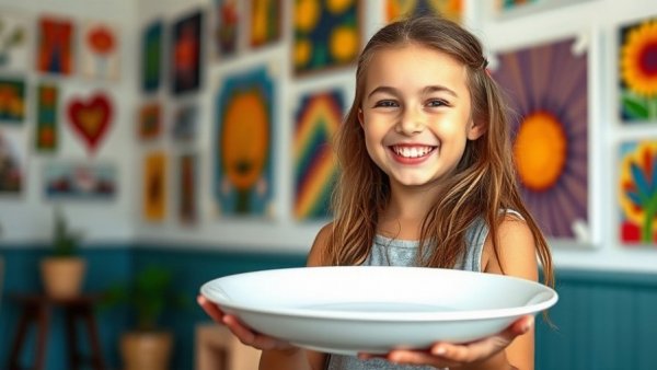 Young girl smiling indoors with a large white plate, discussing fitting in.