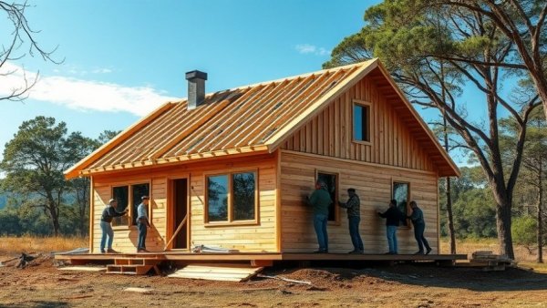 Modern building construction of a wooden house under clear sky.