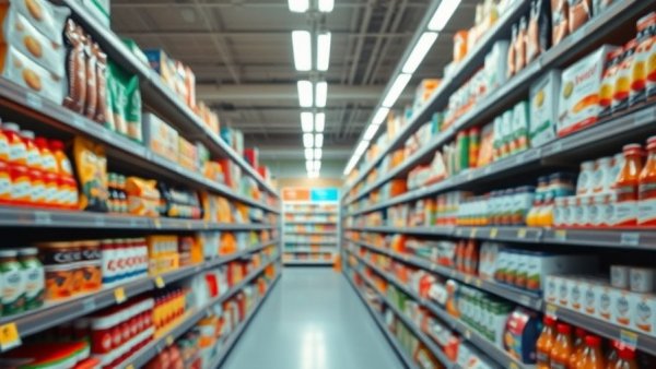 Grocery store aisle with packed shelves in food desert area