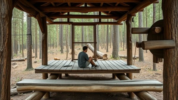 Rustic sustainable construction platform in a forest with a person.