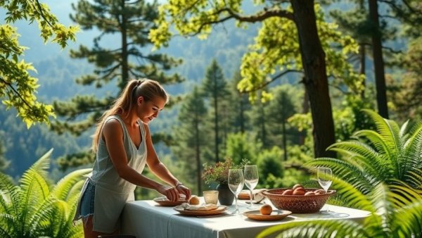 Outdoor dining setup in a forest with a scenic mountain view