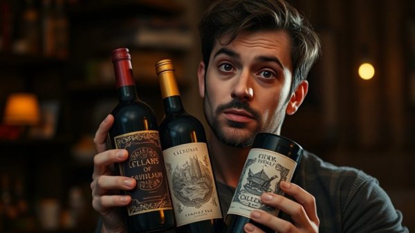 Man considering German Chardonnay wine tastings with two bottles.