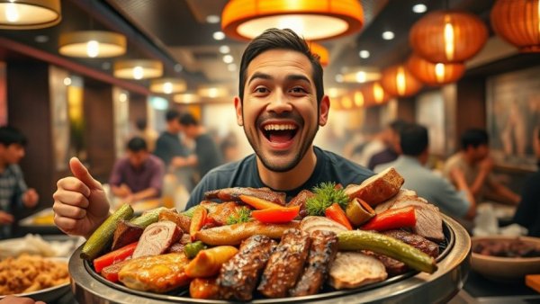 Korean BBQ restaurant platter in Las Vegas with excited diner