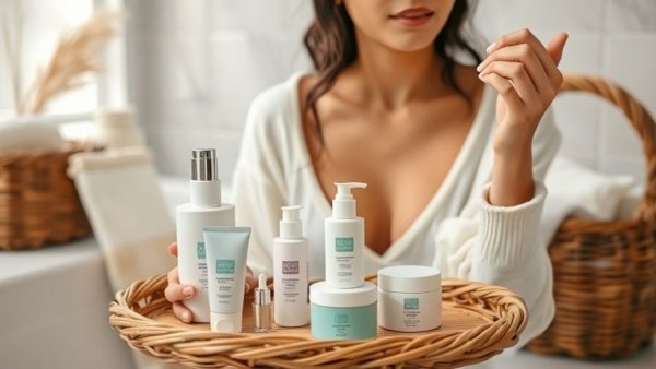 Skincare routine essentials with woman applying products.