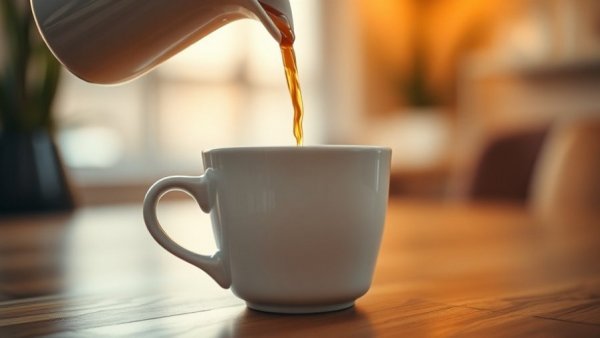 Close-up view of coffee being poured into a cup, illustrating moderate coffee and tea consumption.