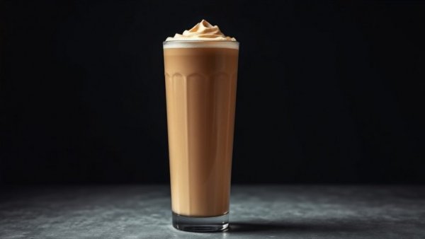 Shamam milkshake in tall glass against dark background.