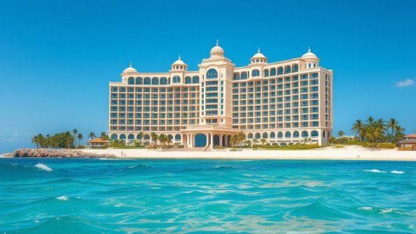 Luxurious coastal resort with beach, luxury travel resorts, daytime view.