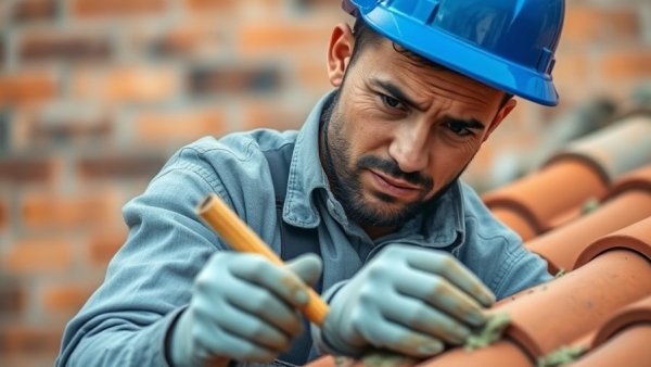 Roofing contractor applying mortar, detailed craftsmanship