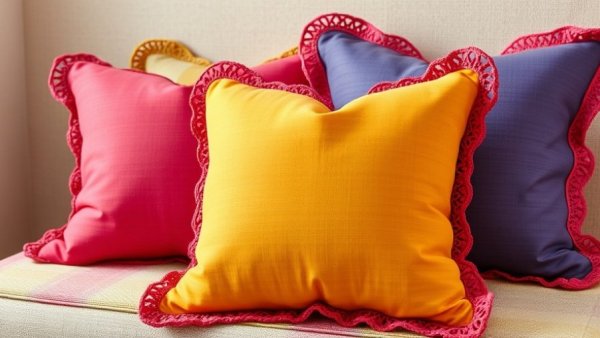 Vibrant pillows with crochet edges, rich colors, in a soft light setting.