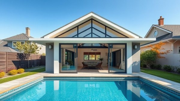 Modern garden building installation with glass doors in suburban backyard.