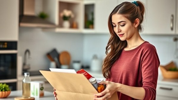 Young woman unboxing skincare products in modern kitchen.
