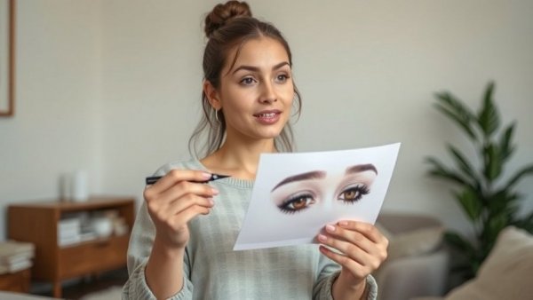 Woman explaining eyelash techniques indoors, skincare routine for glowing skin.